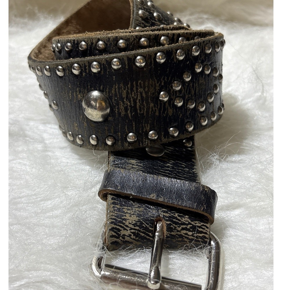Enmon Belt 29-33 Studded Black Leather Distressed Rocker Western Y2K